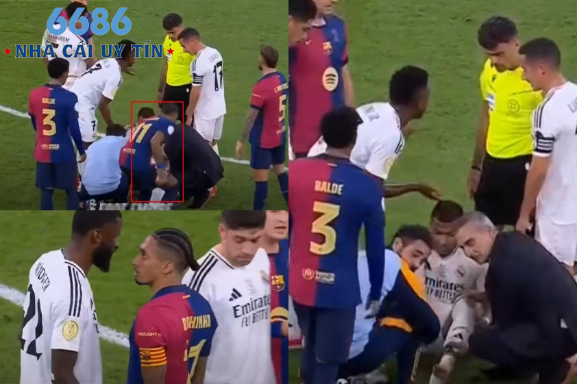 Raphinha tiến tới mang túi đồ y tế ra đường biên khiến các bác sĩ Real Madrid tỏ ra khó hiểu. Rudiger sau đó qua sang chỉ trích Raphinha.